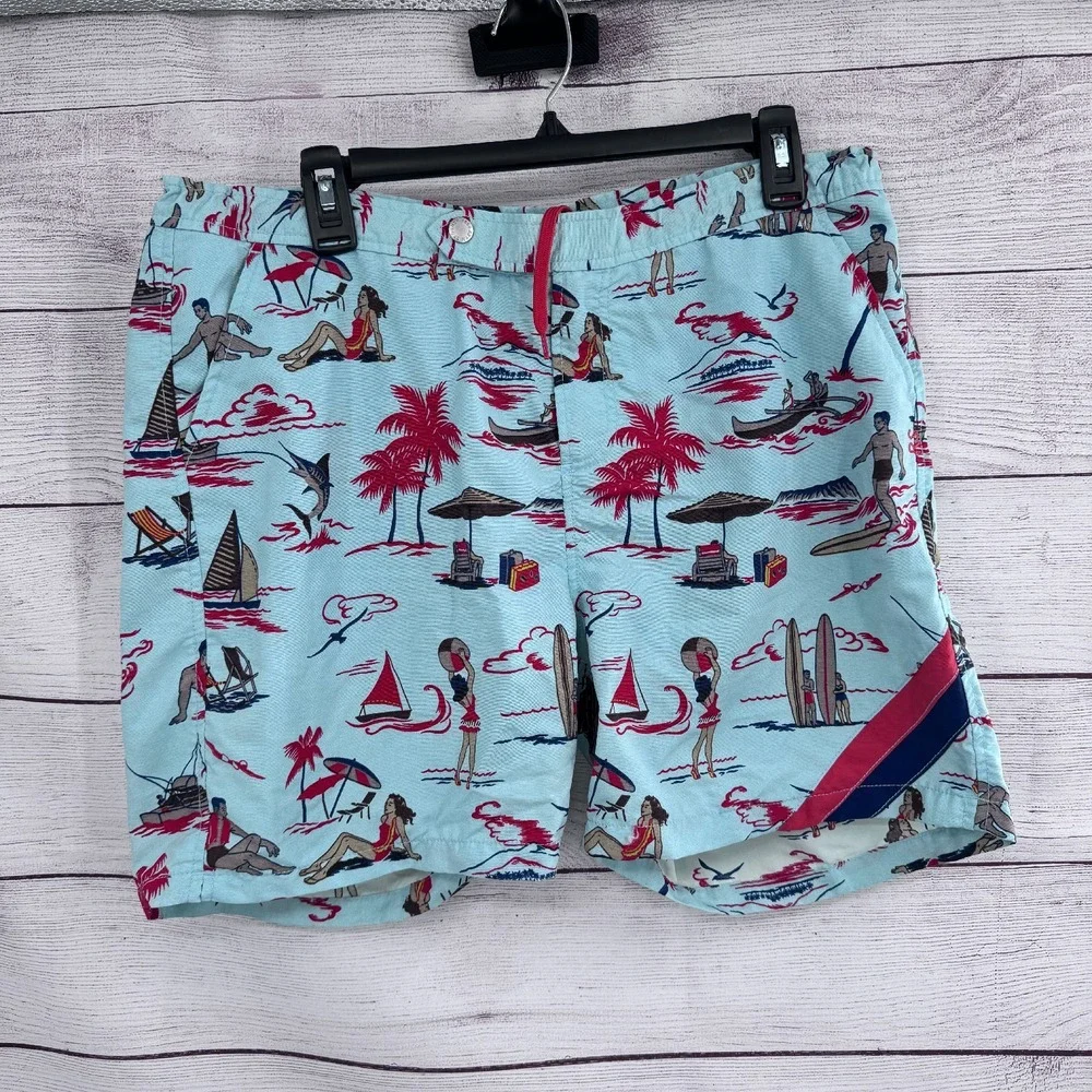 Reyn Spooner Swim Trunks Hawaiian Print‎ Beach Shorts Blue Red Size 36 Vintage
